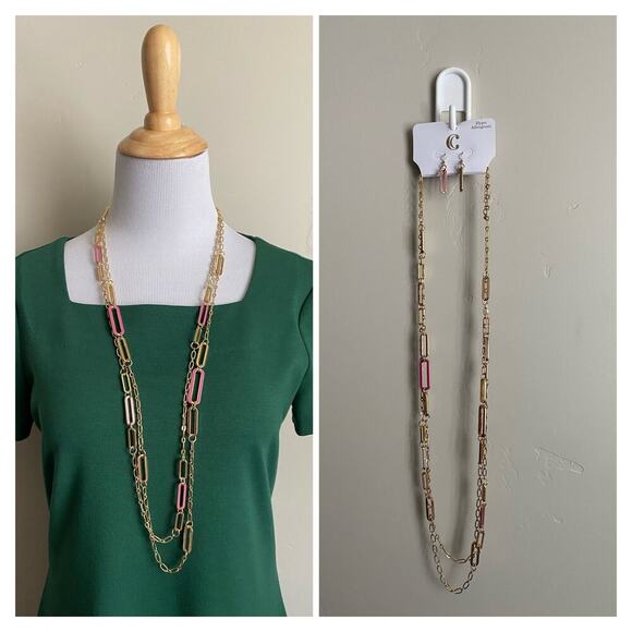 NWT Charming Gold/Pink Charlie Necklace and Earrings Set - Picture 1 of 4